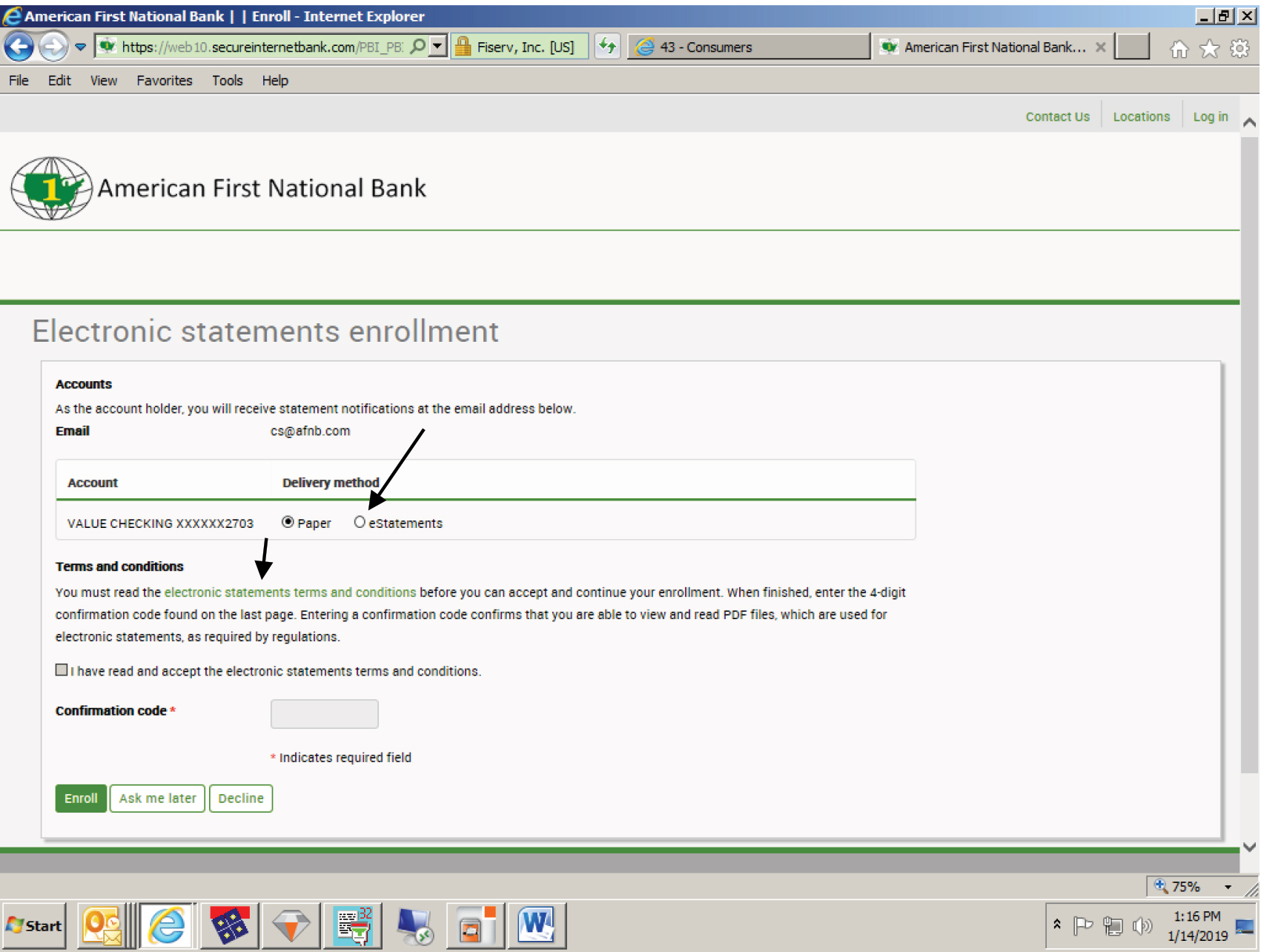Screencap of E-statement enrollment Terms and Conditions